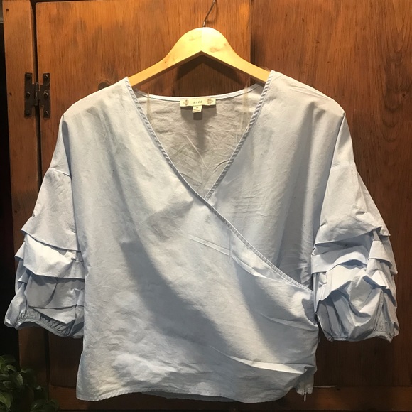 iris Tops - Iris Pale Blue Crossbody Top with puffed ruffled sleeves - Size Medium